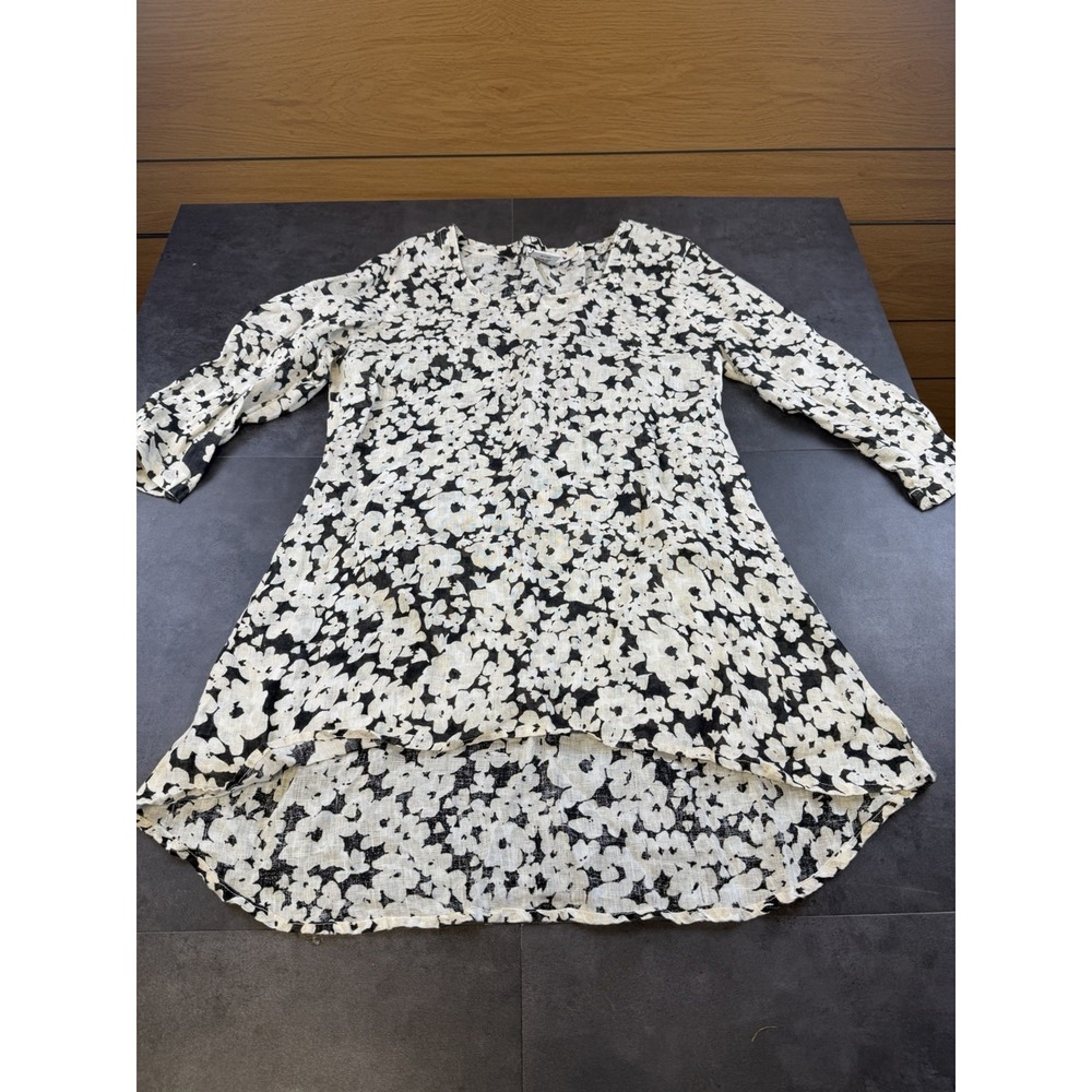 C.M.C. Color Me Cotton Dress Med 100% Linen Black Floral High Low Lagenlook